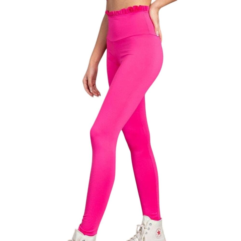 143 Story Lizzy Two Piece Hot Pink Ruffle High Waist Legging Crop Tank Set - Picture 4 of 16